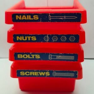 Little Tikes Vintage Workshop Stacking Bins Kids Red 4pc Set Nail Nut Bolt Screw